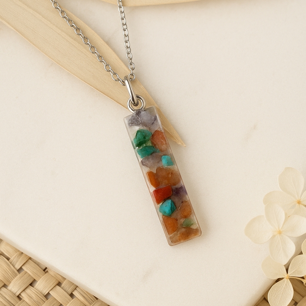 Earthy Multicolor Stone Pendant Necklace Amethyst Red Coral Turquoise Chips